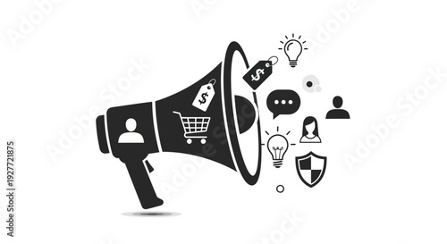 Vector illustration of a megaphone with consumer rights and needs icons, symbolizing safe transactions and online shopping on World Consumer Rights Day.