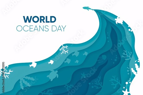 World oceans day illustration with ocean wave and marine life on white background