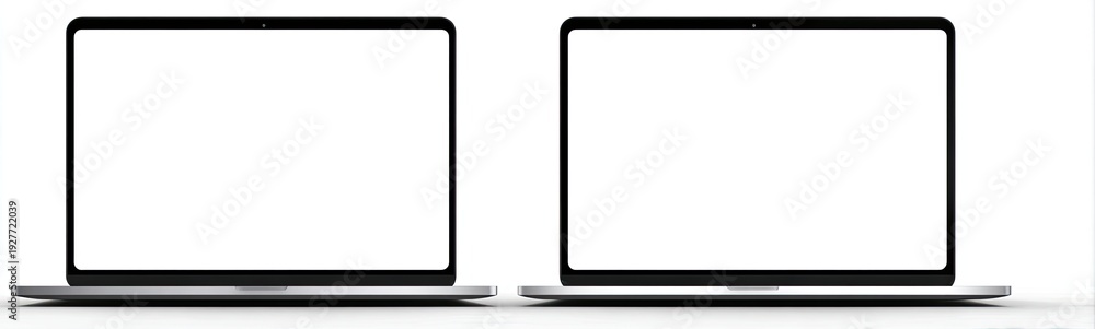 Obraz premium Two silver laptops with open screens against a white backdrop. Angled view