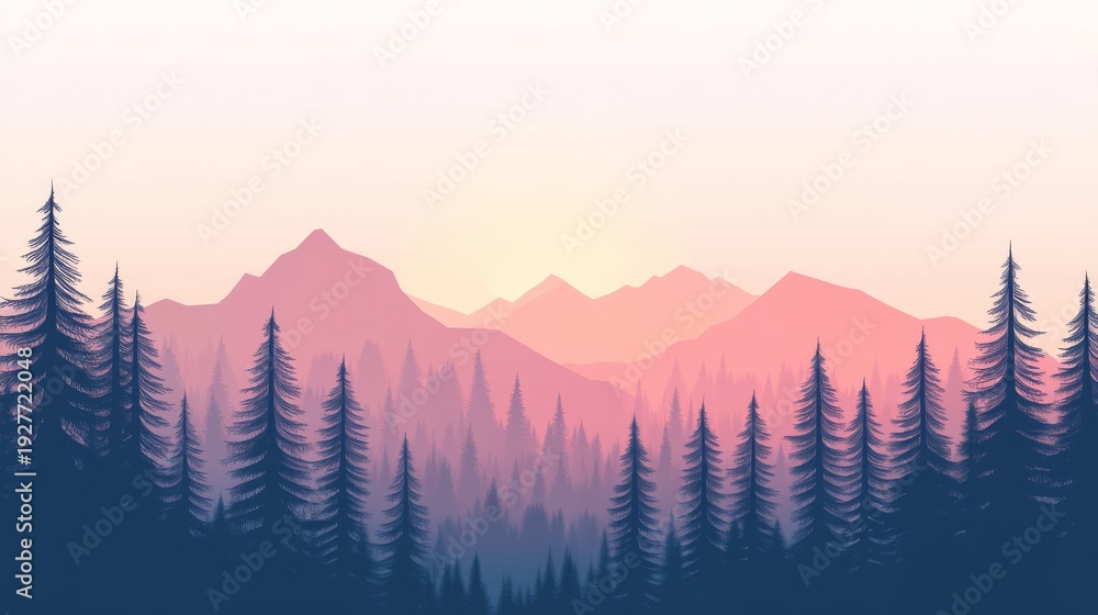 Obraz premium 119.Stylized vector forest scene with tall trees, smooth flat colors, distant mountain range fading into lighter tones, clean minimal design