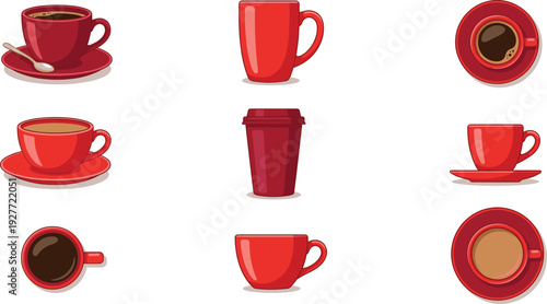 Red coffee cup vector set with espresso latte and takeaway mug for cafe beverage menu and breakfast drink design.