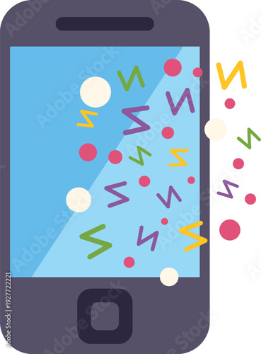 Smartphone generating confetti and party streamers celebrating digital success