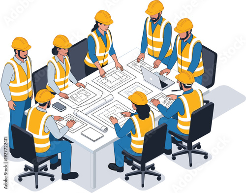 Construction engineering team meeting with architects reviewing blueprints and building plans at office table, flat vector illustration
