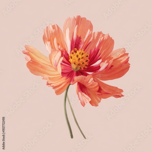 A delicate, ruffled cosmos flower with variegated orange and pink petals