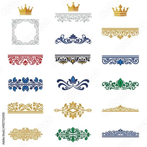 Collection of ornate decorative borders and crowns in various colors.