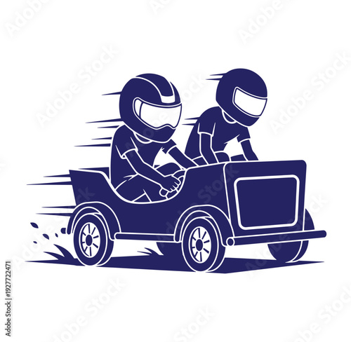 Two people wearing helmets driving a small car fast on a track  racing go kart