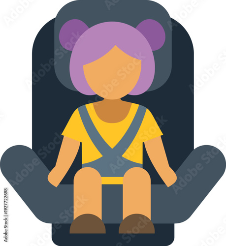 Young girl securely fastened in a child safety car seat