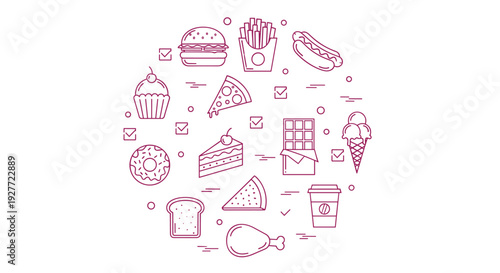 A minimalist vector graphic illustration of various food items in a circular pattern