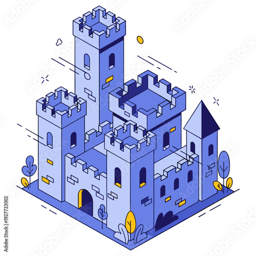 Medieval castle drawing with towers and battlements in blue tones