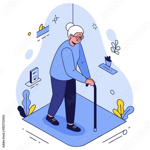 Elderly caucasian female with cane in minimalist room setting