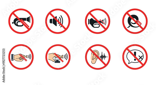 A comprehensive set of no sound icons and silence symbols illustrating prohibited noise levels in various environments, ideal for clear signage, communication, and effectively maintaining quiet zones.