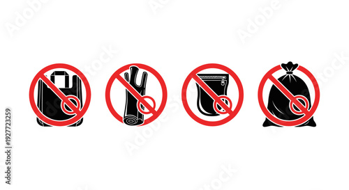 Set of four distinct prohibition signs clearly indicating the restriction against using various types of plastic bags including carrier rolls pouches and garbage sacks