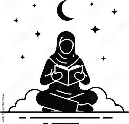 Muslim woman reading Quran under crescent moon and stars, islamic worship silhouette vector illustration for Ramadan spirituality isolated on white background design