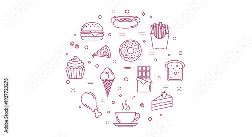A vector graphic illustration of various sweet baked goods and desserts