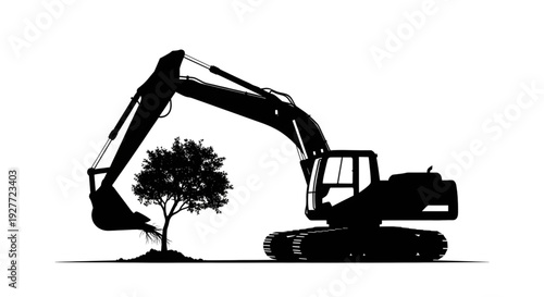 Vector silhouette of an excavator bucket gently digging up a small tree, symbolizing nature conservation, environmental transplanting, and sustainable development.