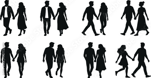 Romantic couple silhouette set walking hand in hand love relationship collection for wedding invitation valentines day and lifestyle themed designs.