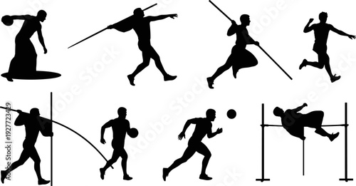 Athletics sports silhouette collection, track and field athletes running jumping throwing vector illustration isolated black set