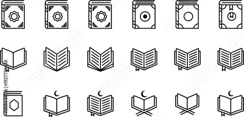 Quran book icon collection with open holy book variations, Islamic religious education symbols, minimal outline vector illustrations isolated on white background for Ramadan design
