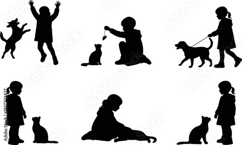 Children playing with pets silhouette collection, kids with dog and cat vector isolated illustration bundle black graphic set
