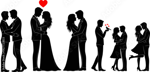 Romantic couple silhouettes collection, love relationship proposal dating vector illustration isolated design set for Valentine wedding theme