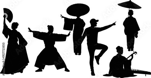 Japanese culture silhouettes collection, geisha samurai musician traditional people vector illustration isolated design set for heritage theme