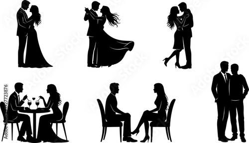 Romantic couple silhouettes collection, love relationship dating dancing dinner vector illustration isolated design set for Valentine theme