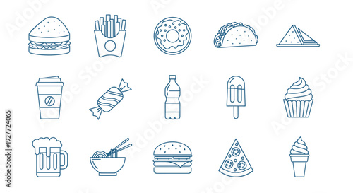A set of food and drink icons in a minimalist line art style
