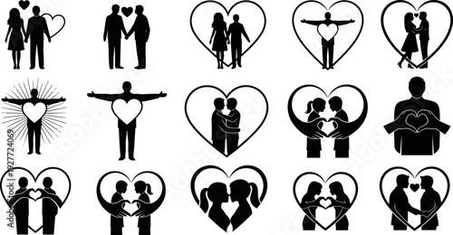 Love couple silhouettes collection, romantic people heart shapes hugging holding hands vector illustration isolated design set for Valentine theme