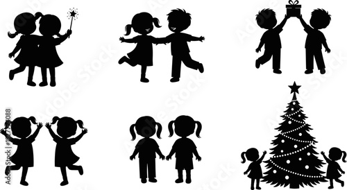 Kids Christmas silhouettes collection, children celebrating dancing gift giving near decorated tree, holiday season vector illustration isolated design set