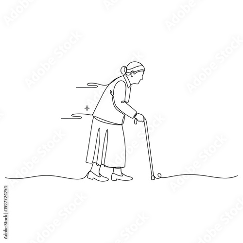 Elderly caucasian female walking with cane in minimalist line art. No editable strokes