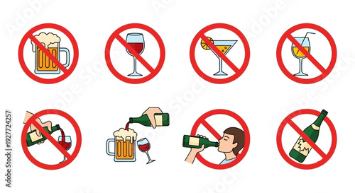 Set of eight colorful vector icons clearly illustrating various prohibitions against the consumption and serving of alcoholic beverages like beer wine and spirits