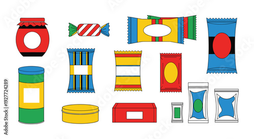 A colorful vector graphic illustration of various candy wrappers and sweets