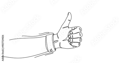 Thumbs up gesture line drawing of adult hand with bracelet. No editable strokes
