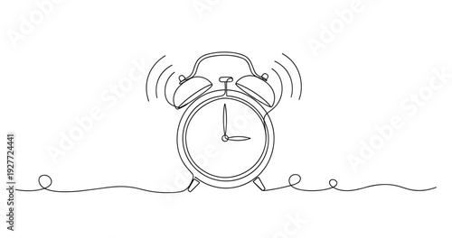 Minimalist line art of a classic ringing alarm clock with bell. No editable strokes