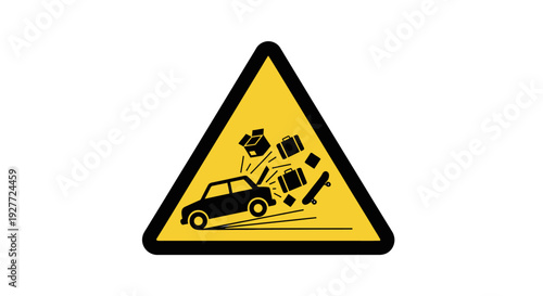 Warning sign illustrating the danger of unsecured cargo ejecting from a moving vehicle during sudden braking or collision indicating road hazard awareness.