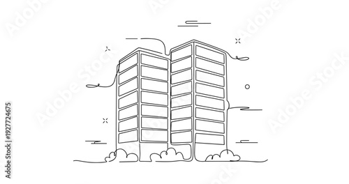 Minimalist line art of twin high-rise buildings with cloud accents, no editable stroke