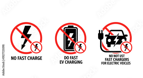 Set of three graphic prohibition signs illustrating warnings against using fast charging for electric vehicle batteries and power sources with clear red circular symbols indicating restrictions