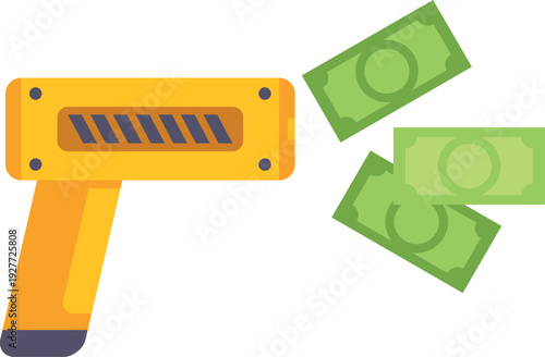 Money gun device shooting green banknotes symbolizing wealth and financial success