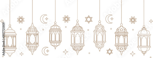 Ramadan hanging lantern line art collection with crescent moons and stars, elegant islamic decorative vector illustration set isolated on white background for festive design