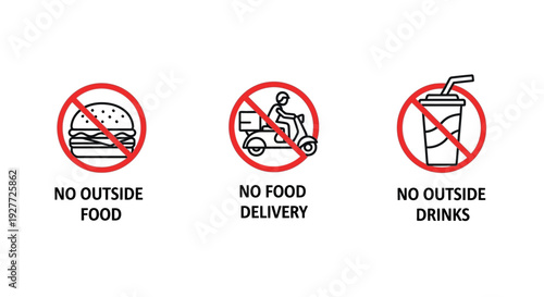 Clear vector graphic set illustrating prohibited items and services including outside food, delivery scooters, and external beverage containers for signage.