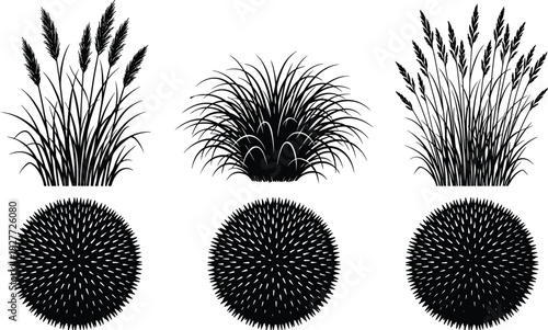 Grass and round bush silhouette set, black meadow plants and ornamental shrubs vector illustration isolated on white background