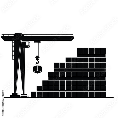 Gantry Crane Lifting Box next to Stacked Blocks, Construction Concept