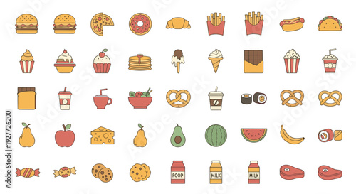 A colorful vector graphic illustration of various food icons on a white background