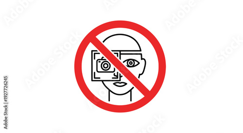Striking red circle with a diagonal line prohibits facial recognition scanning or unauthorized photography of individuals in this simple graphic representation