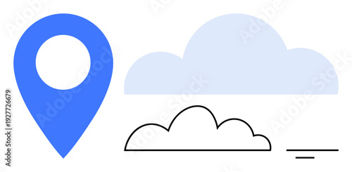 Navigation concept. Blue pin and cloud symbols explore digital connectivity, cloud-based systems, and modern navigation. Navigation for cloud services, GPS apps, map technology, data sharing