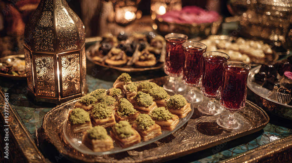 Fototapeta premium Pistachio topped baklava and spiced tea glasses on ornate Middle Eastern dessert table with warm lantern light