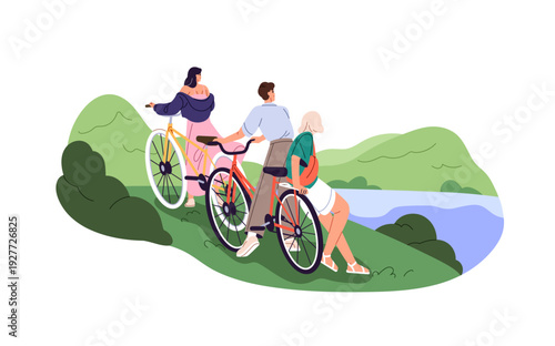 Happy friends travel by bikes in mountains together. People ride bicycles at nature. Characters look at landscape cycling in green rocks. Flat isolated vector illustration on white background