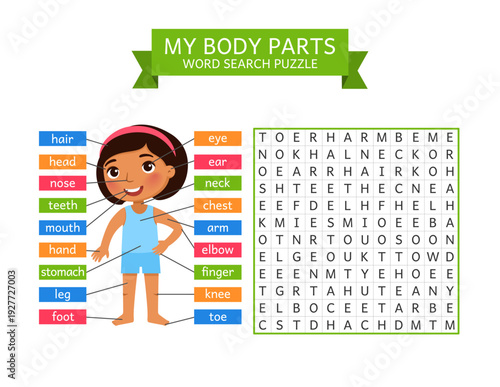 
My Body Parts – Word Search Puzzle for Kids
Cute educational illustration for children featuring a smiling cartoon girl with labeled body parts and a word search puzzle. Fun learning activity designe