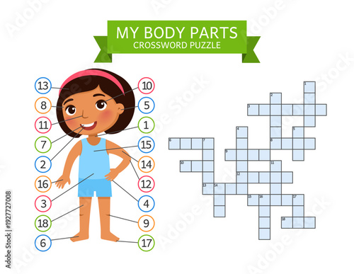 
Educational illustration of a happy cartoon girl with labeled body parts and a crossword puzzle. “My Body Parts” worksheet designed for children to learn human body vocabulary in a fun and interactiv