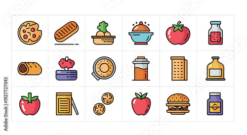 A colorful vector graphic illustration of various food icons on a transparent background